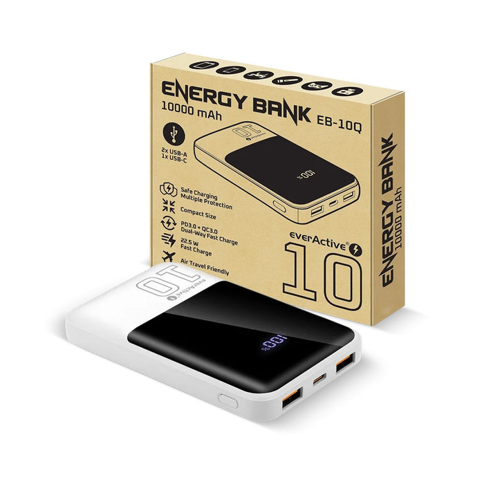 Powerbank 10 000mAh, 2x USB, 1x USB-C 22,5W, QC4+, LCD screen, white