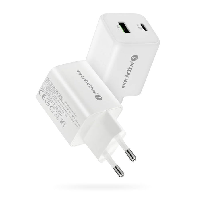 GaN mains charger with 1 x USB and 1 x USB-C Quick Charge 4.0 45W, white