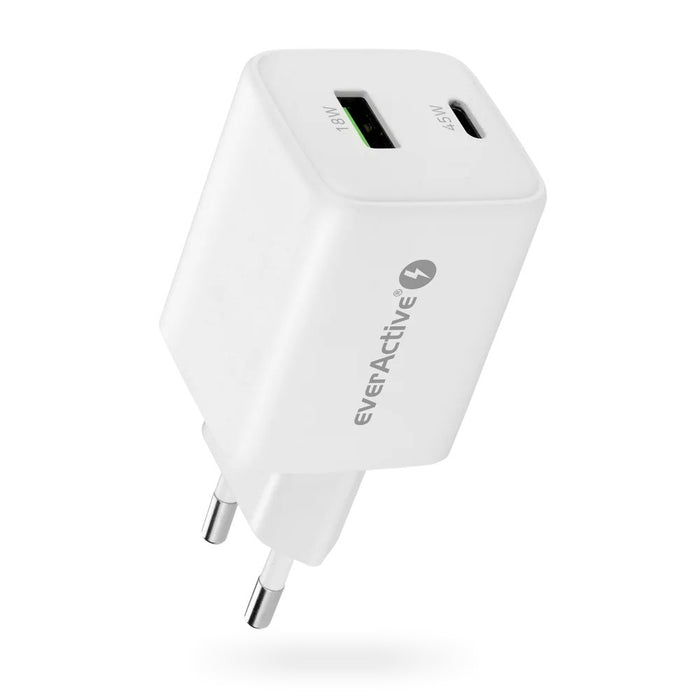 GaN mains charger with 1 x USB and 1 x USB-C Quick Charge 4.0 45W, white