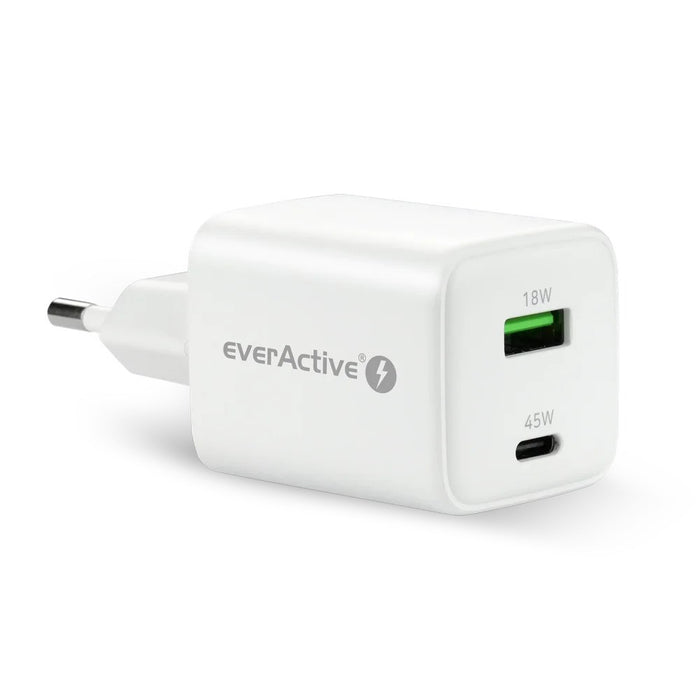 GaN mains charger with 1 x USB and 1 x USB-C Quick Charge 4.0 45W, white