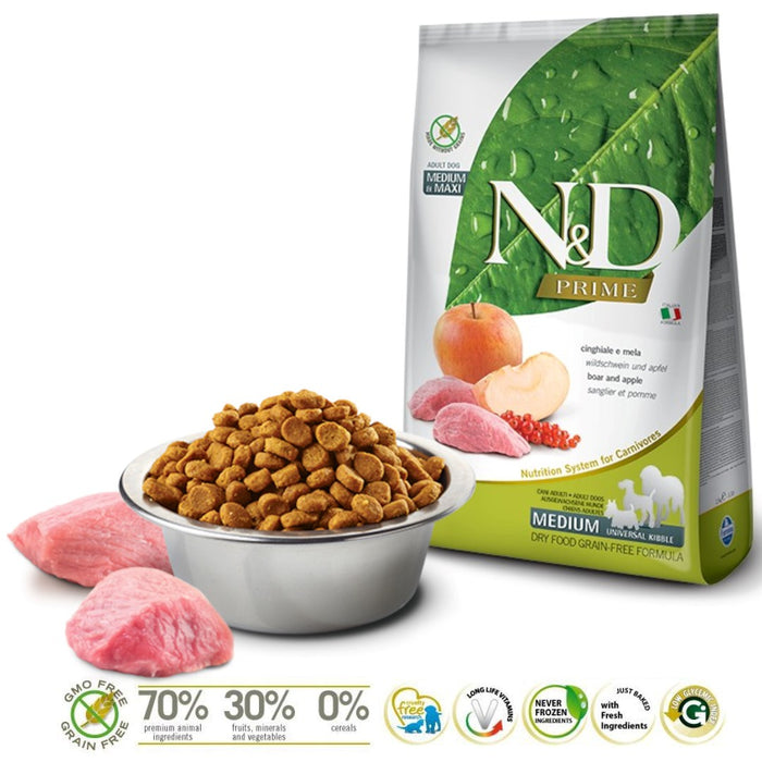 FARMINA N&D PRIME DOG WILD BOAR AND APPLE ADULT MEDIUM & MAXI  12 kg