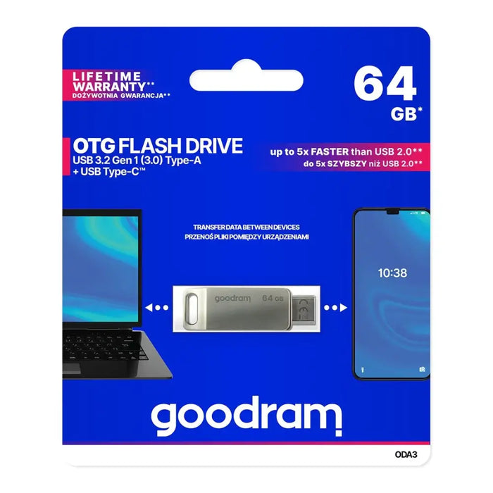 Flash Drive 64GB USB 3.2 Gen 1 USB / USB C OTG ODA3 Goodram - Silver - Paragony<<<HurtelXML
