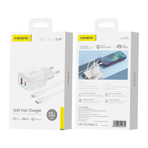 Foneng EU41 USB-C + USB-A 20W network charger + USB-C - Lightning cable (white) - mains chargers<<<Chargers<<<GSM