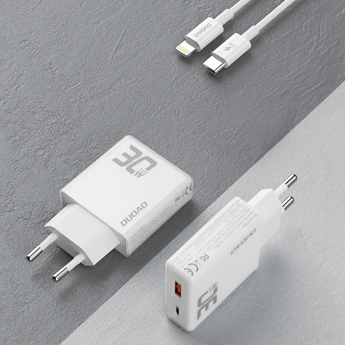 GaN Dudao A30EUL 30W USB-A / USB-C Wall Charger + USB-C - Lightning Cable - White - Cell phone USB charger<<<HurtelXML