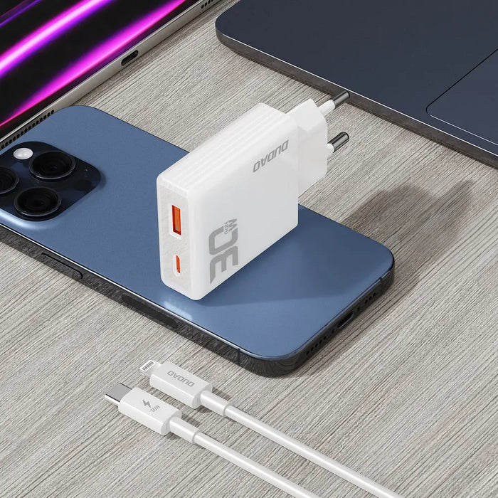 GaN Dudao A30EUL 30W USB-A / USB-C Wall Charger + USB-C - Lightning Cable - White - Cell phone USB charger<<<HurtelXML