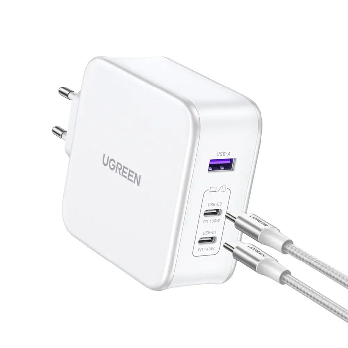 GaN Ugreen Nexode CD289 USB-A/2xUSB-C 140W wall charger + USB-C - USB-C cable 1.5m - white - Cell phone USB