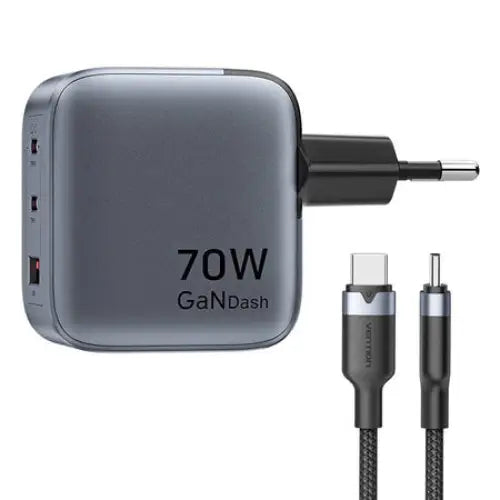 GaN Vention USB-C + C + A 70W Charger + USB-C-C Cable 1m (Gray) - mains chargers<<<Chargers<<<GSM