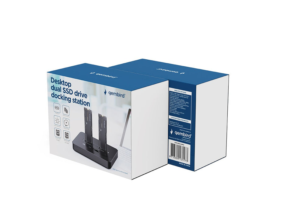 Gembird DD2-U3M2 Desktop dual drive USB Type-C M.2 NVME (and SATA) SSD docking station, black