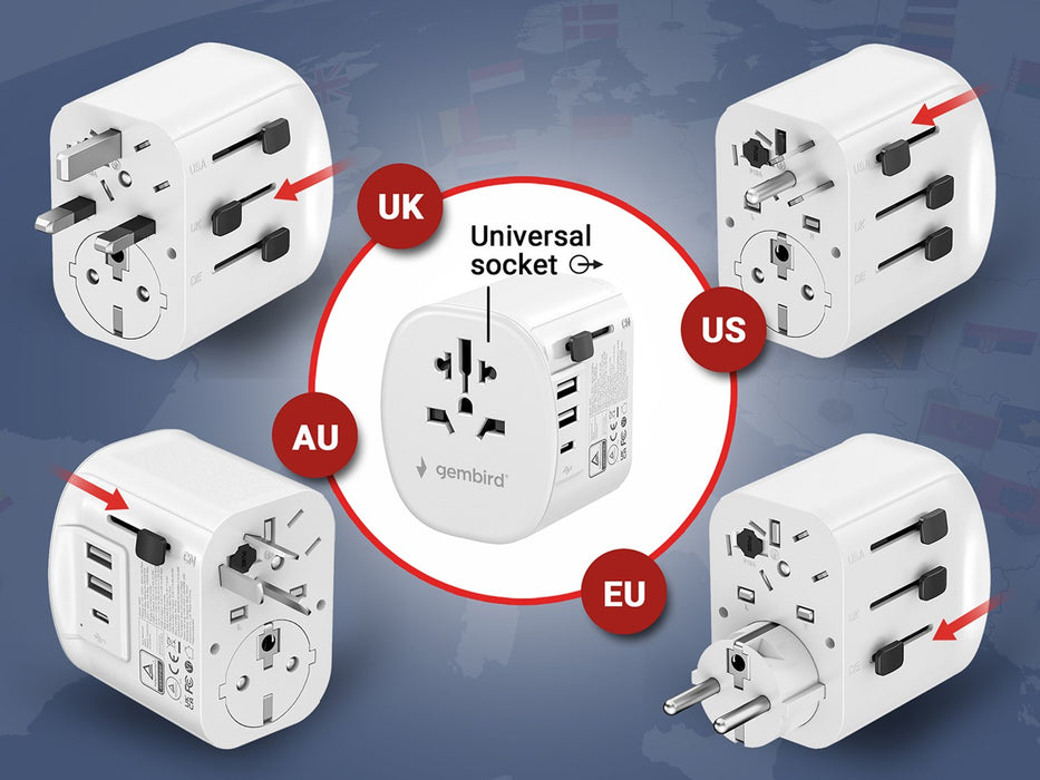 Gembird TPA-EU2A1C15-01-W Grounded universal travel power adapter, 15 W, white