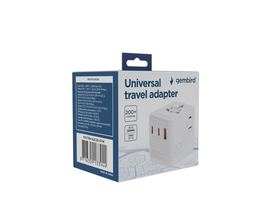 Gembird TPA-1A2C20-01-W Universal travel power adapter, 20 W, white