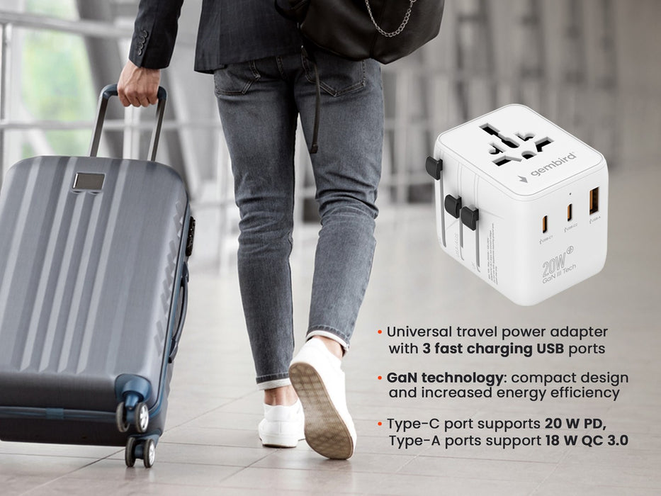 Gembird TPA-1A2C20-01-W Universal travel power adapter, 20 W, white
