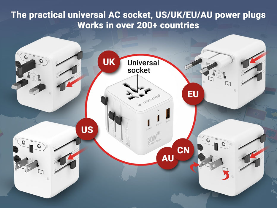 Gembird TPA-1A2C20-01-W Universal travel power adapter, 20 W, white