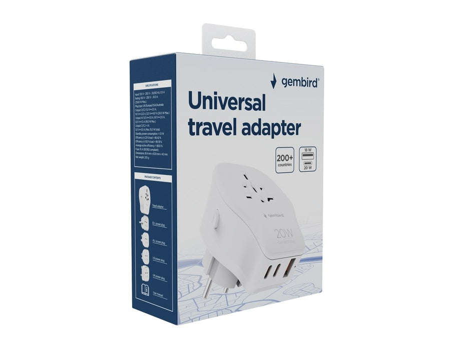 Gembird TPA-1A2C20-02-W Universal travel power adapter, 20 W, white