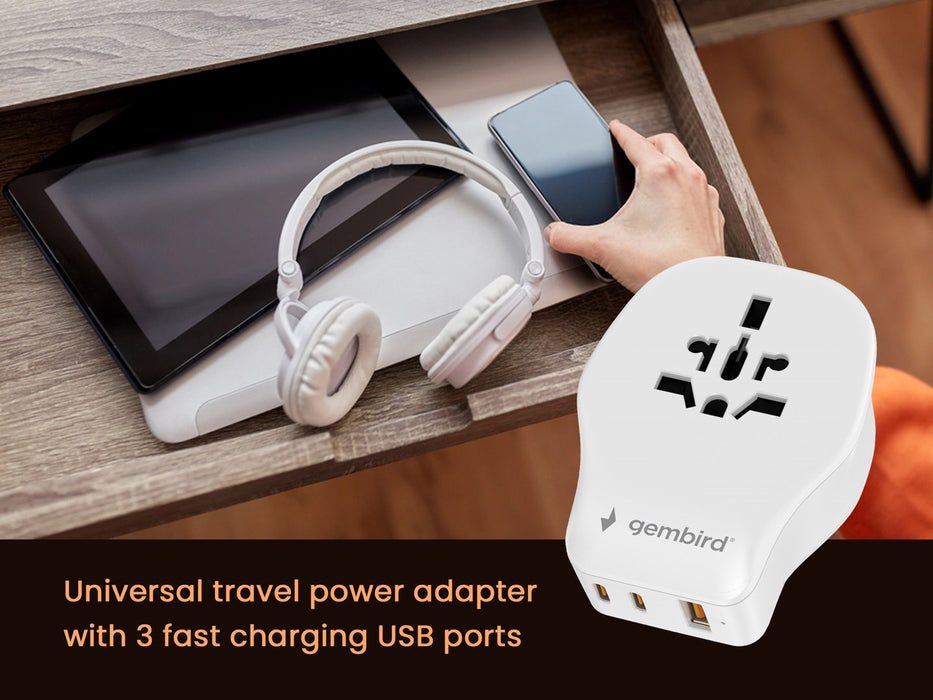 Gembird TPA-1A2C20-02-W Universal travel power adapter, 20 W, white