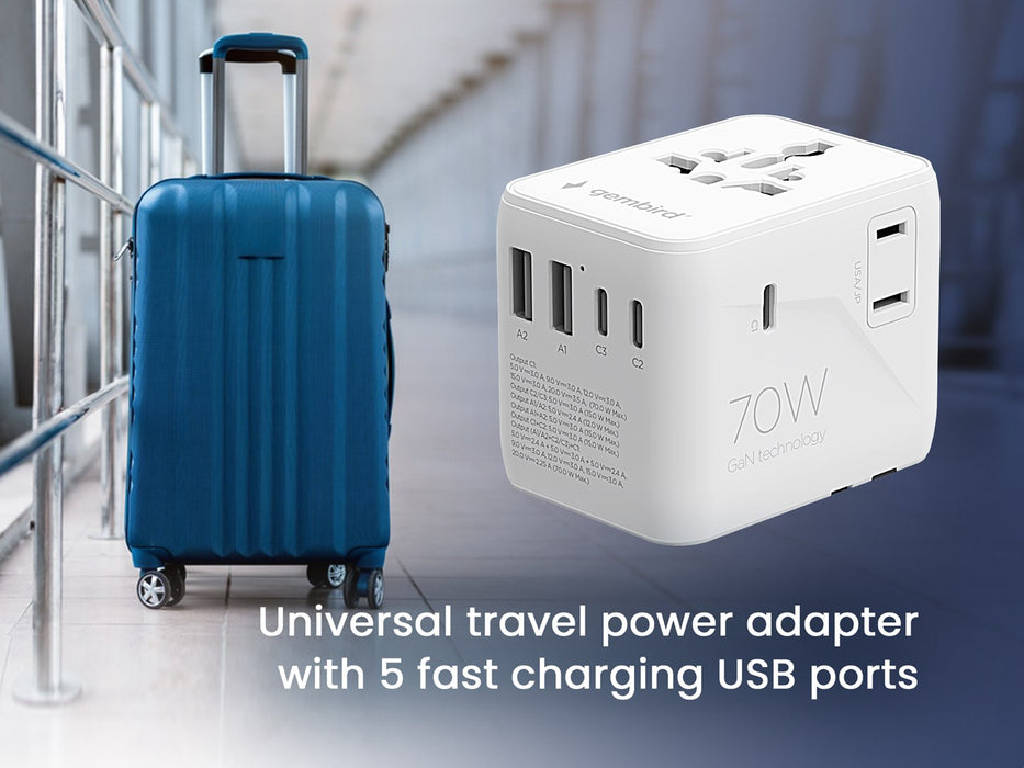 Gembird TPA-2A3C70-01-W Universal travel power adapter, 70 W, white
