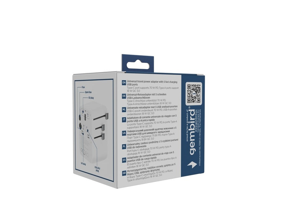 Gembird TPA-2A3C70-01-W Universal travel power adapter, 70 W, white