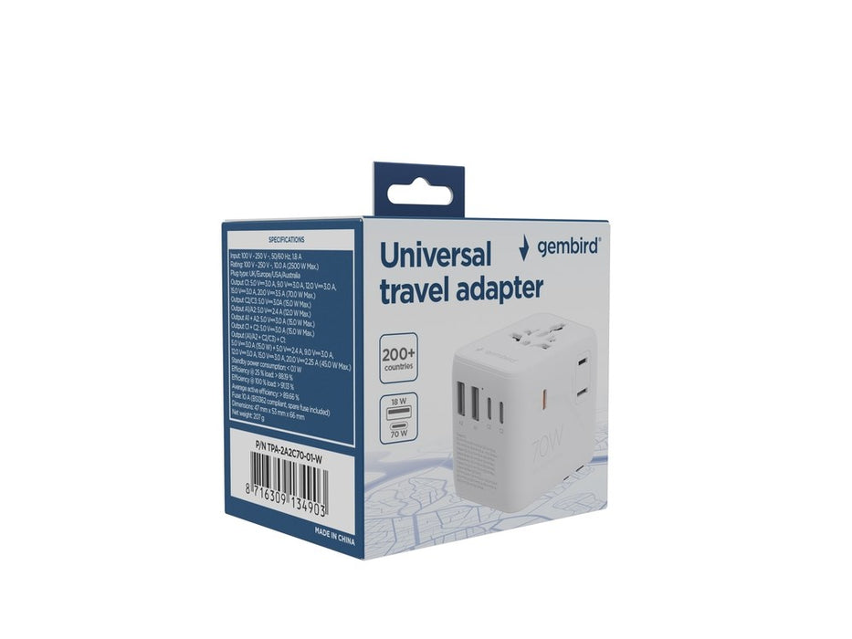 Gembird TPA-2A3C70-01-W Universal travel power adapter, 70 W, white