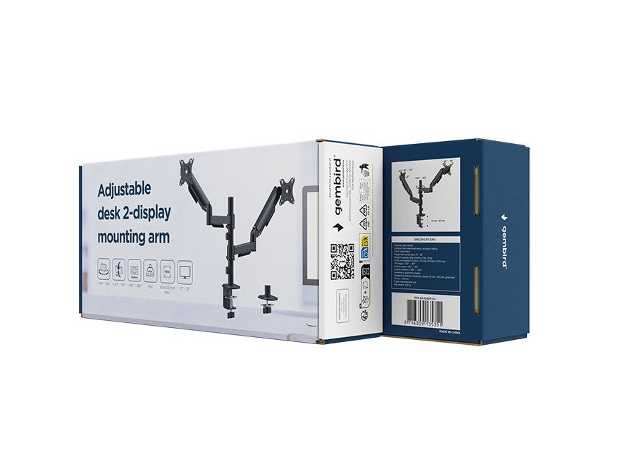 Gembird MA-DA2P-02 Adjustable desk 2-display mounting arm, 17”-32”, black