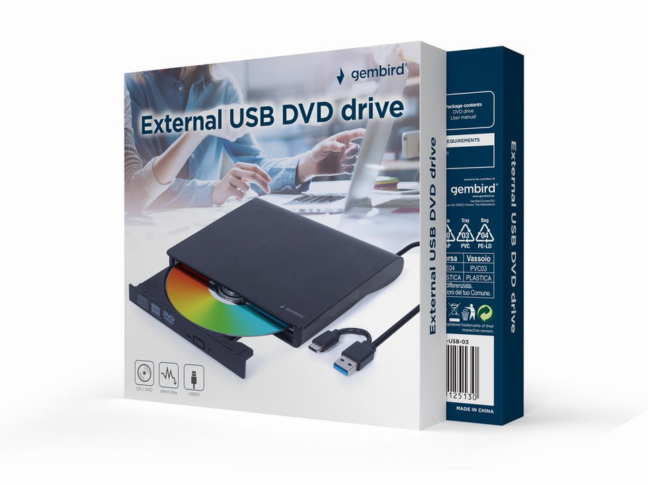 External Recorder GEMBIRD DVD-USB-031 DVD-R 8x, DVD-R DL 6x, DVD-RW 6x, DVD-RAM 5x, DVD+R 8x, DVD+R DL 6x, DVD+RW 8x, DVD M-DISC
