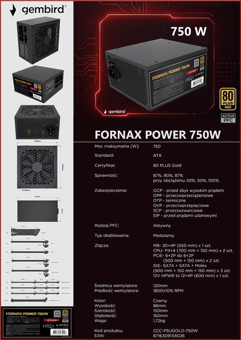 Gembird CCC-PSUGOLD-750W Power supply unit Fornax Power 750W active PFC 12cm fan 80+Gold