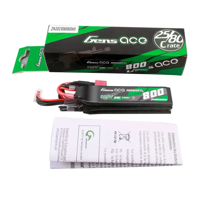 Gens ace 25C 800mAh 3S1P 11.1V NUNCHUCK 3X Airsoft Gun Lipo Battery with Deans(T) Plug - Lithium