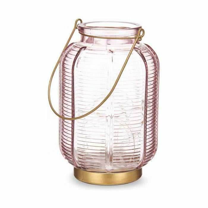 LED Lantern Gift Decor Pink Golden Glass Stripes 13,5 x 22 x 13,5 cm (6 Units)