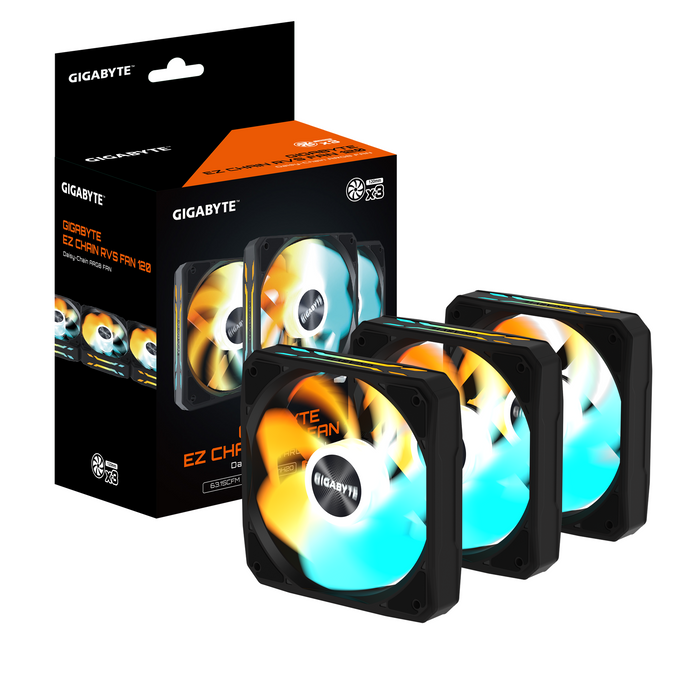 3-Pack GIGABYTE AORUS EZ CHAIN RVS FAN 120 - 120x120x25mm ARGB Fan Set