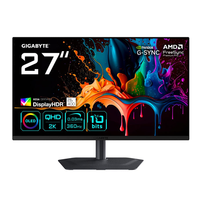 GIGABYTE MO27Q3 27” OLED QHD Gaming Monitor - 2560 x 1440, 360Hz, 0.03ms, 250 cd/m², G-Sync Compatible, FreeSync Premium Pro, Display HDR True Black 400, HDMI 2.1, Displayport 1.4