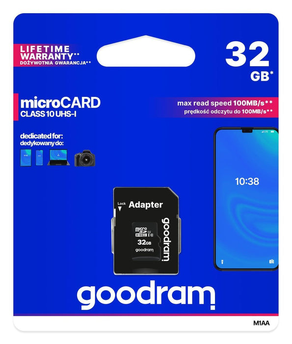 Goodram Microcard 32 GB micro SD HC UHS-I class 10 memory card SD adapter (M1AA-0320R12) - Memory cards<<<Photo