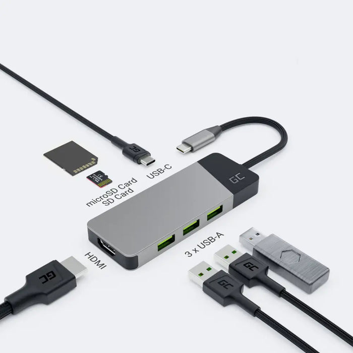 GREEN CELL HUB USB-C ADAPTER GC CONNECT 7W1 (3XUSB 3.1 HDMI 4K 60HZ USB-C PD 85W MICROSD/SD) - Notebooks - docking