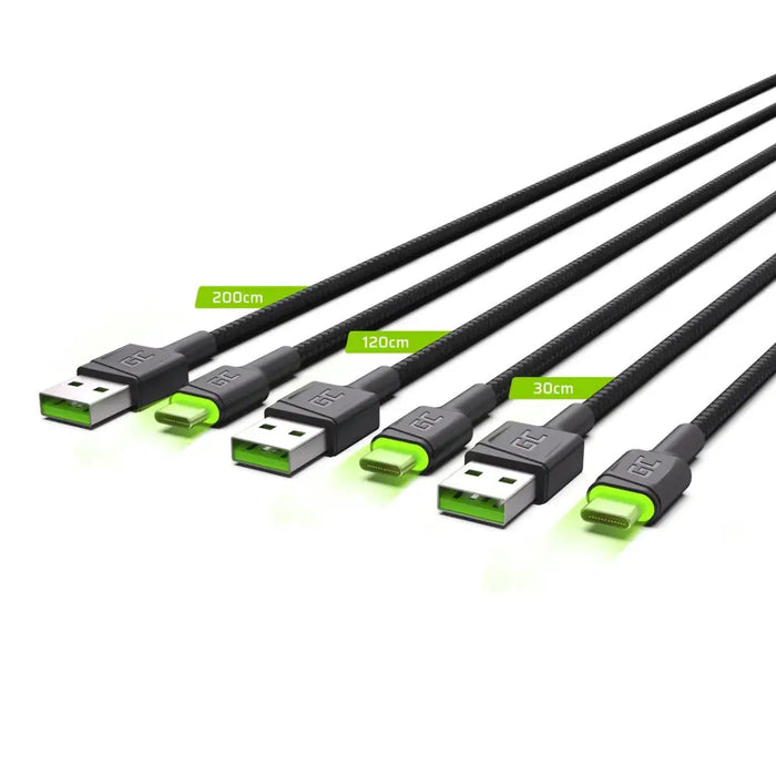 Green Cell Set 3x GC Ray USB-C Cable 30cm 120cm 200cm with green LED backlight fast charging UC QC 3.0 - USB
