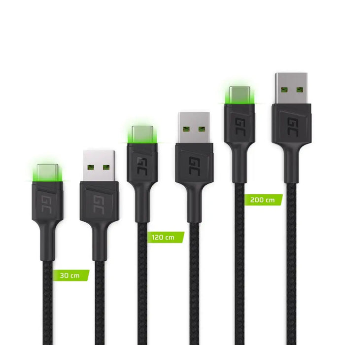 Green Cell Set 3x GC Ray USB-C Cable 30cm 120cm 200cm with green LED backlight fast charging UC QC 3.0 - USB
