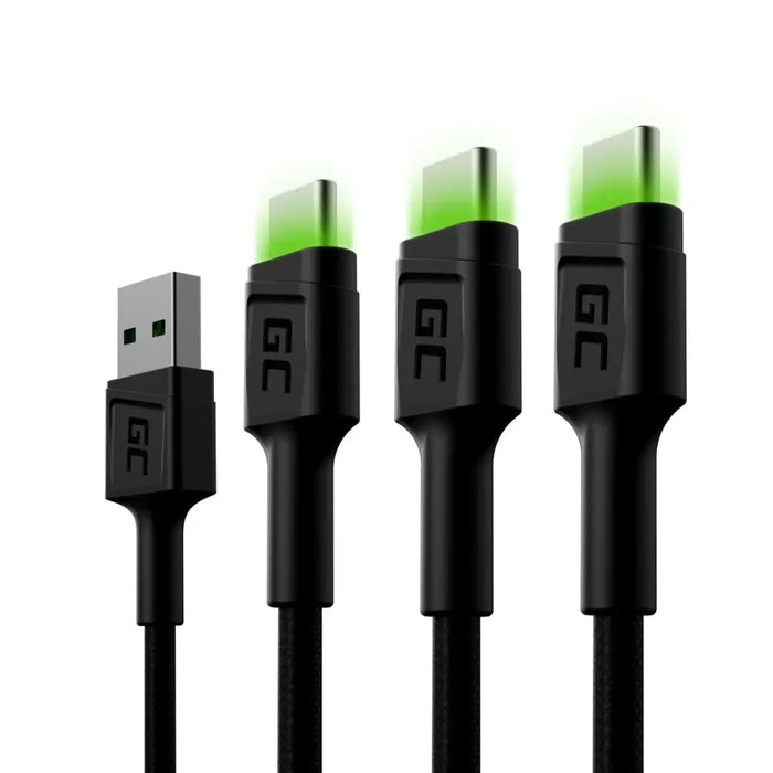 Green Cell Set 3x Ray USB-C 120cm Cable with green LED backlight fast charging Ultra Charge QC 3.0 - USB