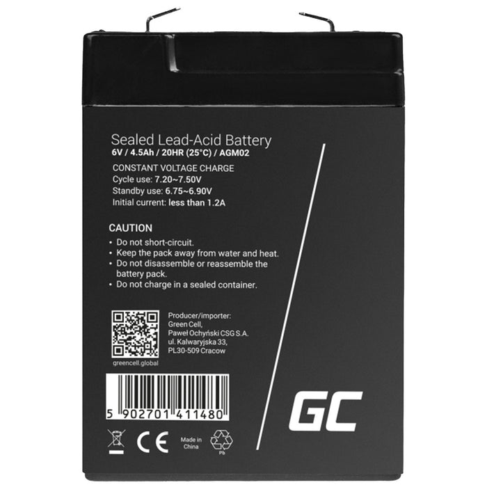 Maintenance-free AGM VRLA Battery Green Cell AGM02 6V 4.5Ah (for alarm system, cash register, toy)