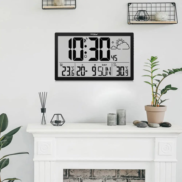 GreenBlue GB218 Extra Large LCD Wall Clock with Weather Station Temperature and Date Display - Wall