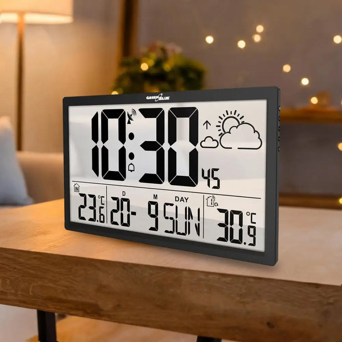 GreenBlue GB218 Extra Large LCD Wall Clock with Weather Station Temperature and Date Display - Wall
