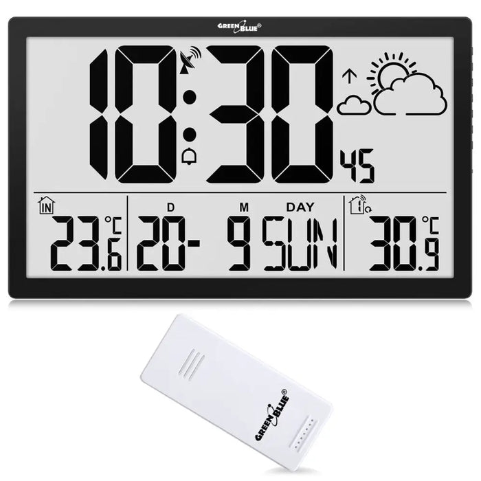 GreenBlue GB218 Extra Large LCD Wall Clock with Weather Station Temperature and Date Display - Wall
