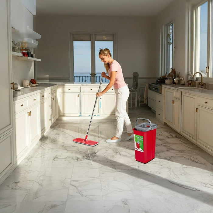 Flat Mop + Bucket + Telescopic Pole + 2 x Microfibre Pad 5.7L Floor Cleaning XXL Set Rotating Head