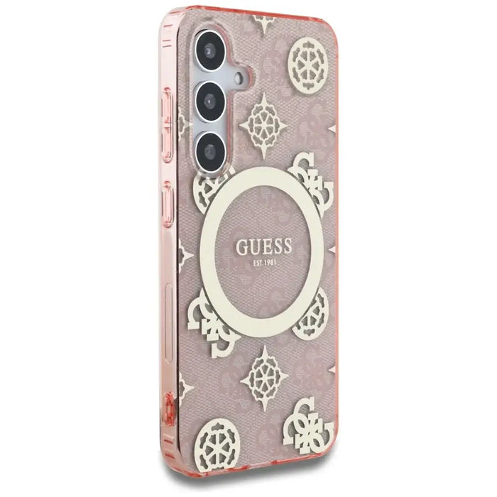 Guess 4G Background Gold Electroplated Peony Pattern MagSafe case for Samsung Galaxy S25 pink - Cell phone cases