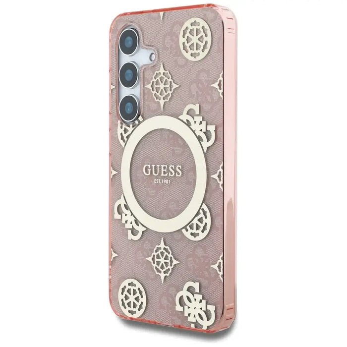 Guess 4G Background Gold Electroplated Peony Pattern MagSafe case for Samsung Galaxy S25 pink - Cell phone cases