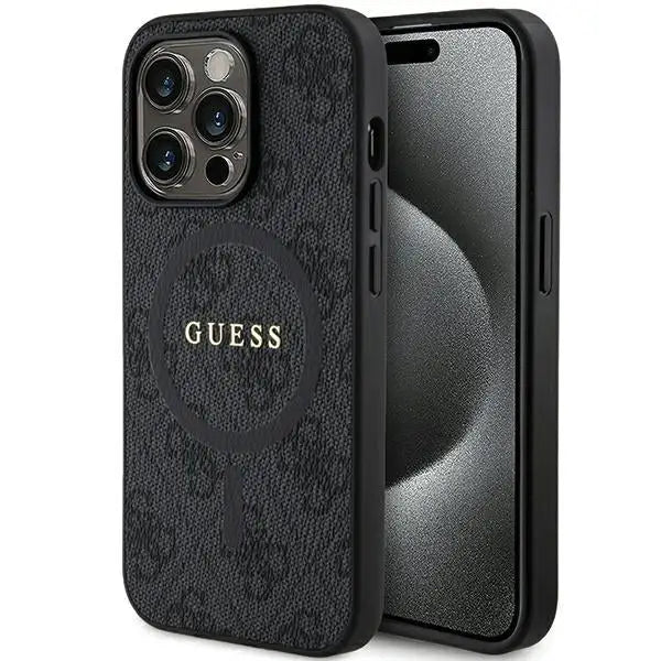 Guess 4G Collection Leather Metal Logo MagSafe Case for iPhone 14 Pro Max - Black - Cell phone cases
