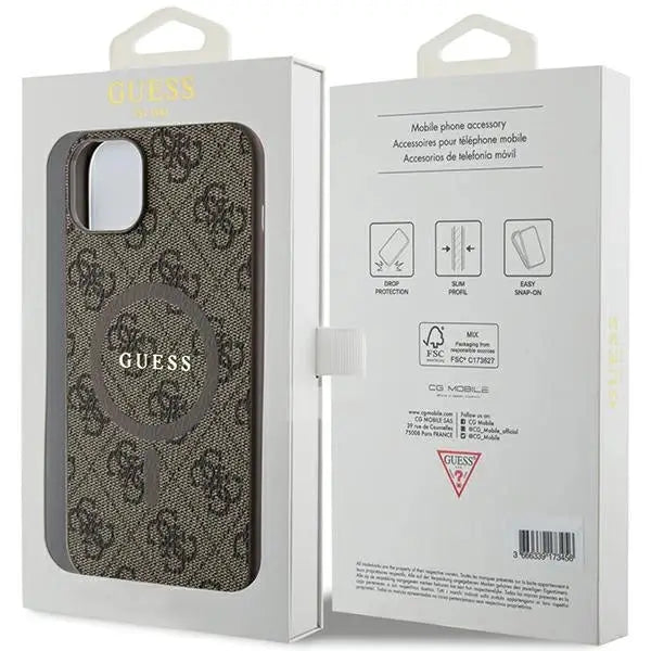 Guess 4G Collection Leather Metal Logo MagSafe Case for iPhone 15 Plus / 14 Plus - Brown - Cell phone cases