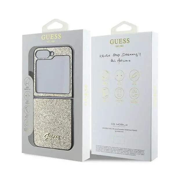 Guess 4G Glitter Script Case for Samsung Galaxy Z Flip 6 - Gold - Cell phone cases and covers<<<HurtelXML