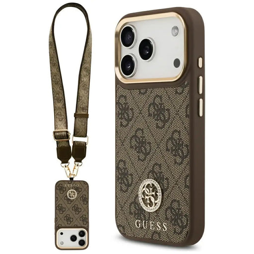 Guess 4G Strass Logo & Big Strap Metal Buttons MagSafe Case for iPhone 17 Pro - Brown - Cell phone cases