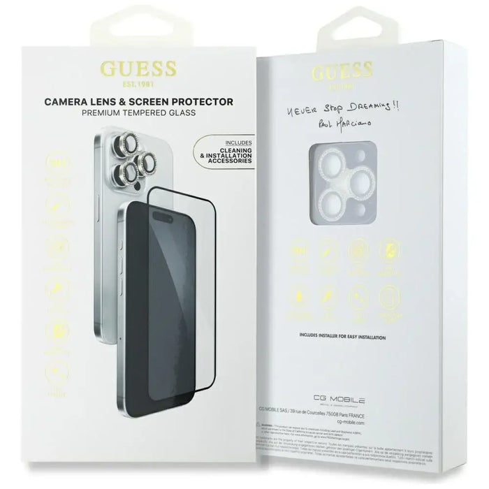 Guess BP Rhinestone 2in1 Screen Protector and Camera Lens Set for iPhone 16 Pro Max - Gold - Cell phone tempered