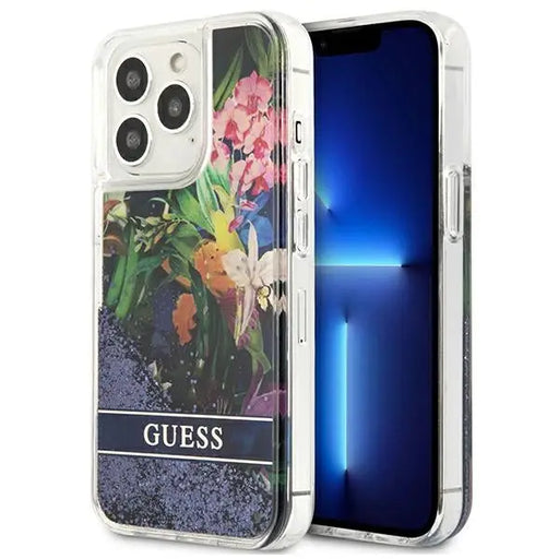 Guess Flower Liquid Glitter case for iPhone 13 Pro Max - blue - Cell phone cases and covers<<<HurtelXML