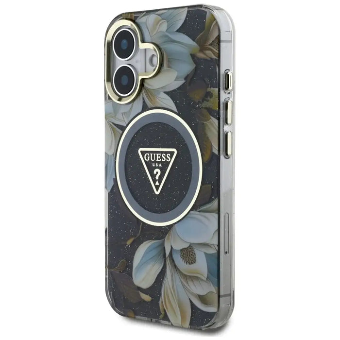 Guess Glitter Flowers Triangle Buttons MagSafe case for iPhone 16 black - Cell phone cases and covers<<<HurtelXML