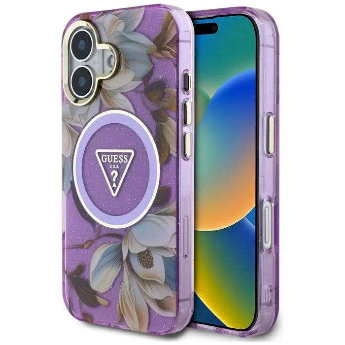 Guess Glitter Flowers Triangle Buttons MagSafe Case for iPhone 16 Purple - Cell phone cases and covers<<<HurtelXML