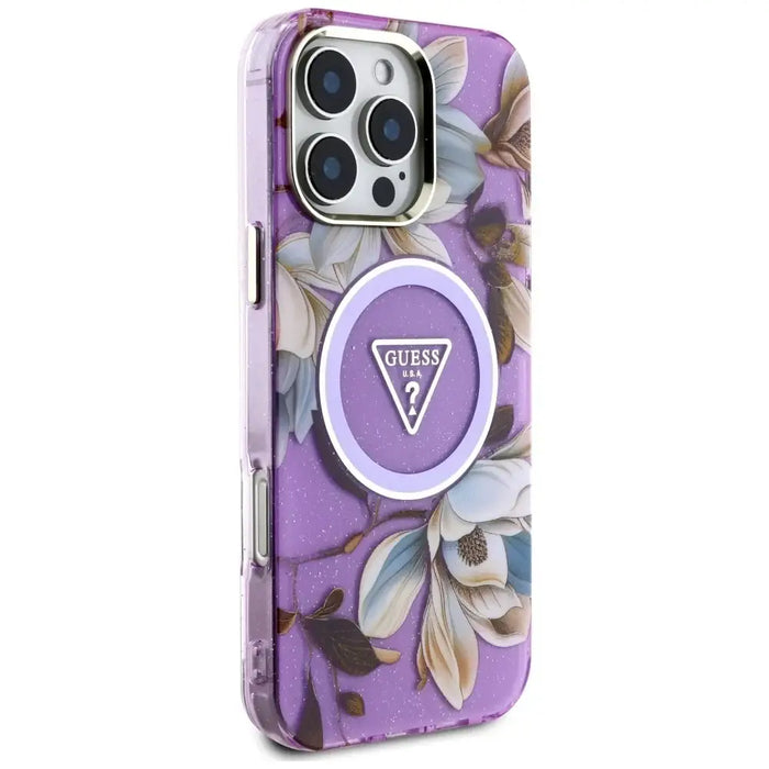 Guess Glitter Flowers Triangle Buttons MagSafe Case for iPhone 16 Pro Purple - Cell phone cases and covers<<<HurtelXML