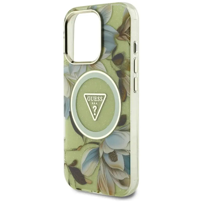 Guess Glitter Flowers Triangle Buttons MagSafe case for iPhone 16 Pro green - Cell phone cases and covers<<<HurtelXML